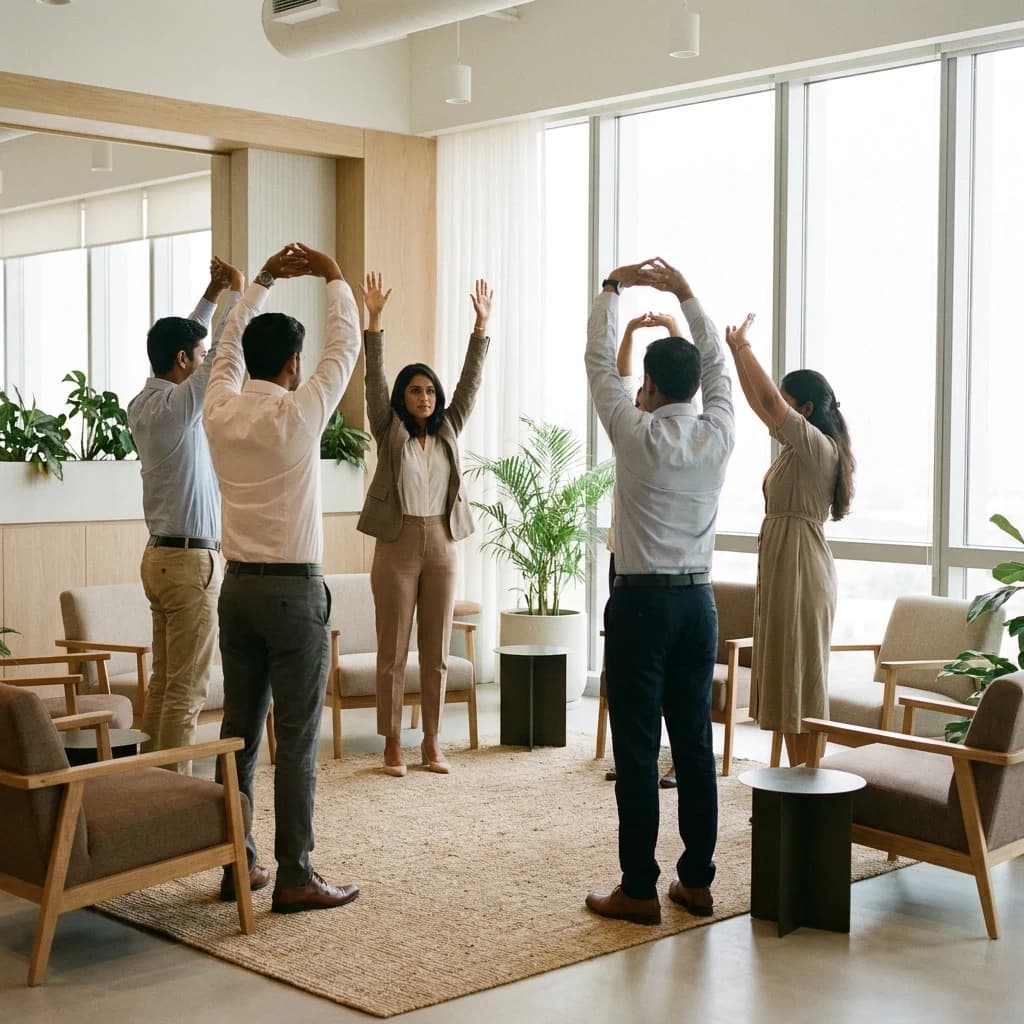 Illustrative workplace wellness session with a coach guiding a small group