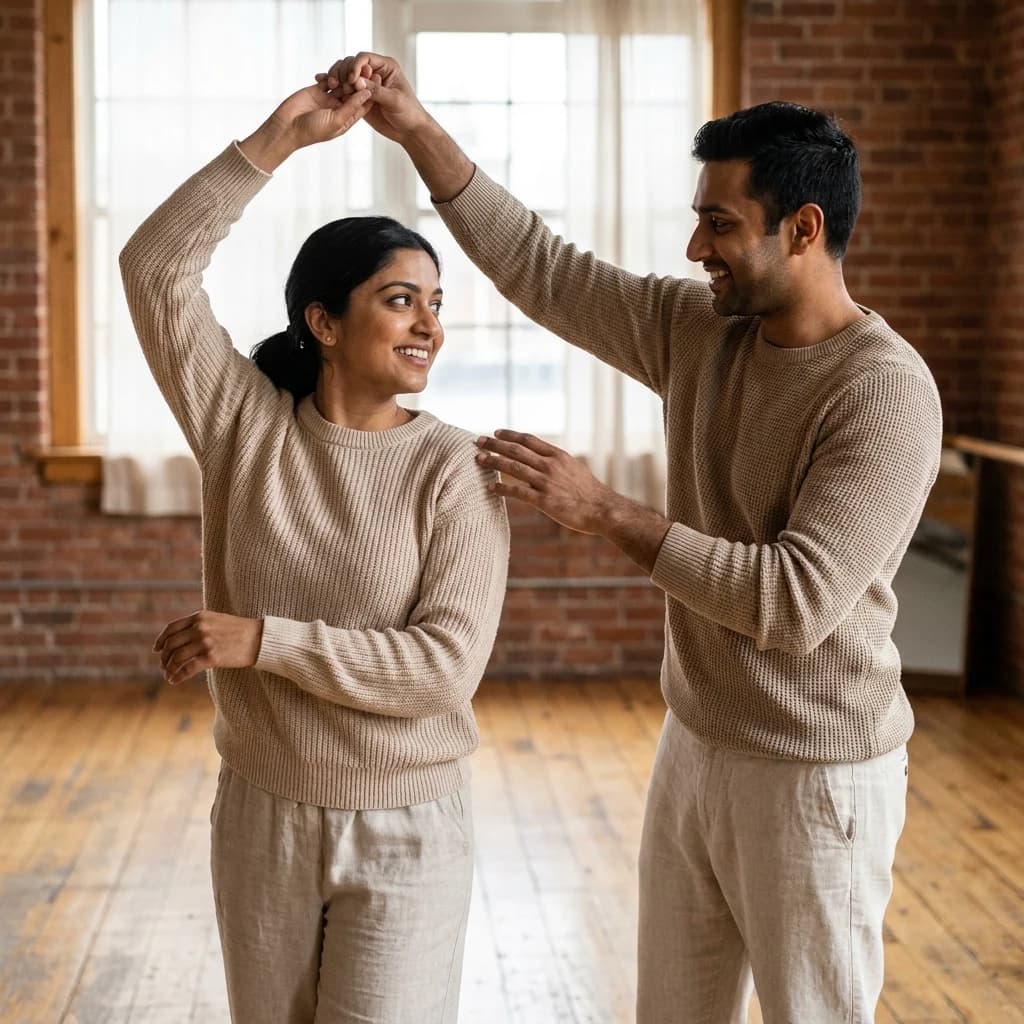 Illustrative wedding choreography rehearsal with couple